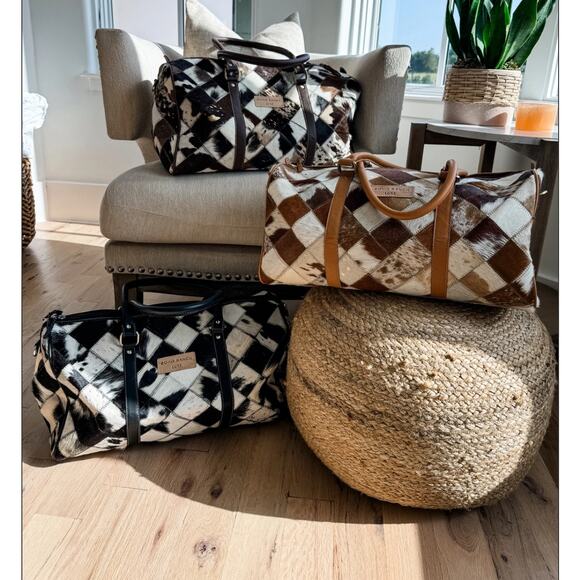 Boho Luxe Duffle Weekender Leather Cowhide Travel Black, Tan and Brown and White